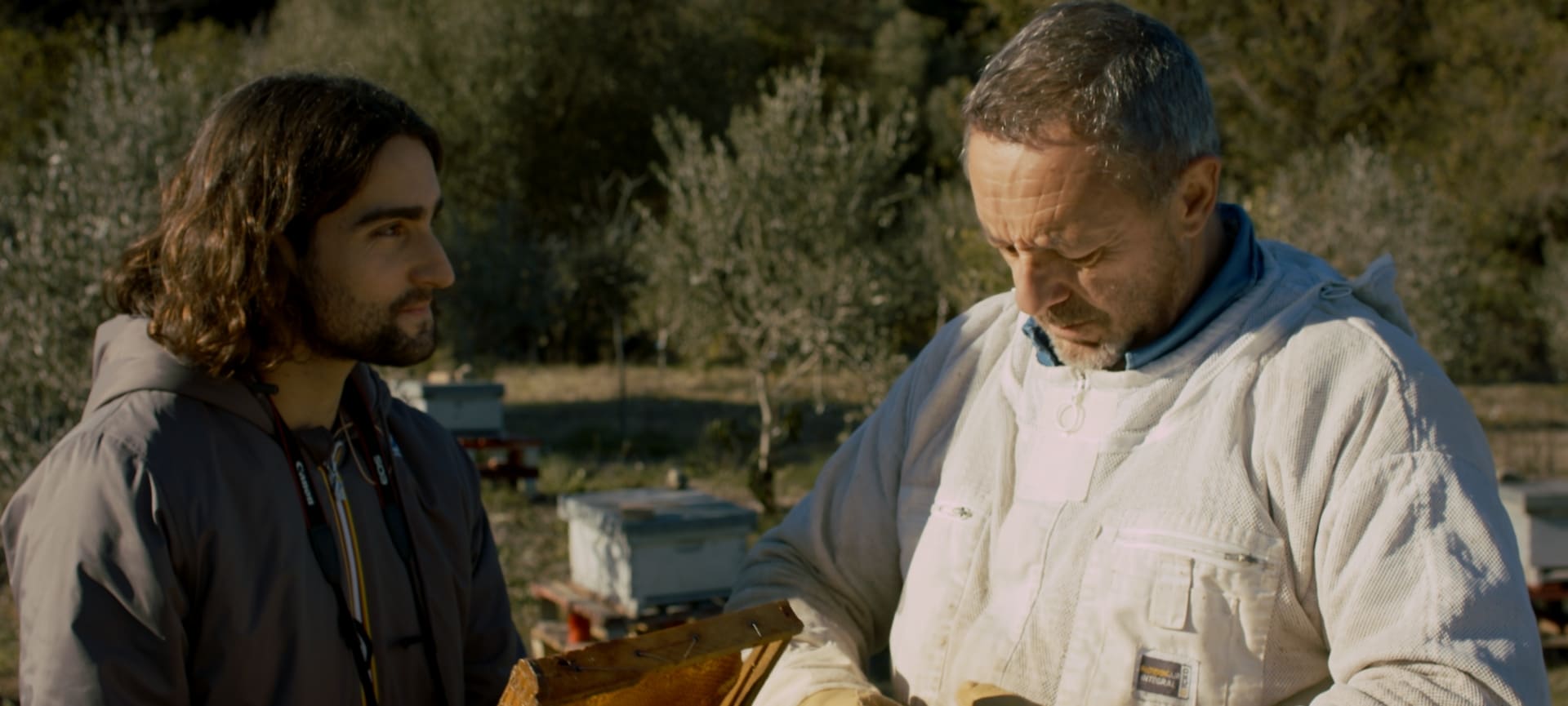 A young man and a mature man in a place with hives.